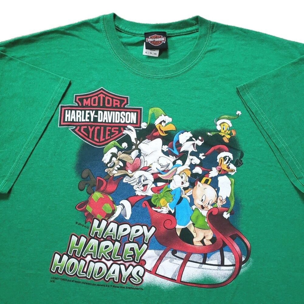 2018 Harley Davidson X Looney Tunes Happy Harley Holidays Sz XL Mens Green Shirt